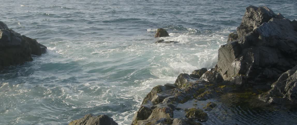 Ocean waves crash to a rocky shore