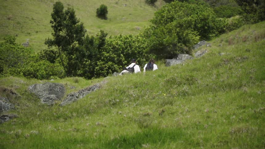 People hike together on the grass of the hill