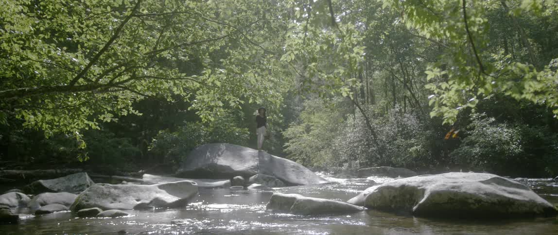A woman stands next to a river in a sunny forest