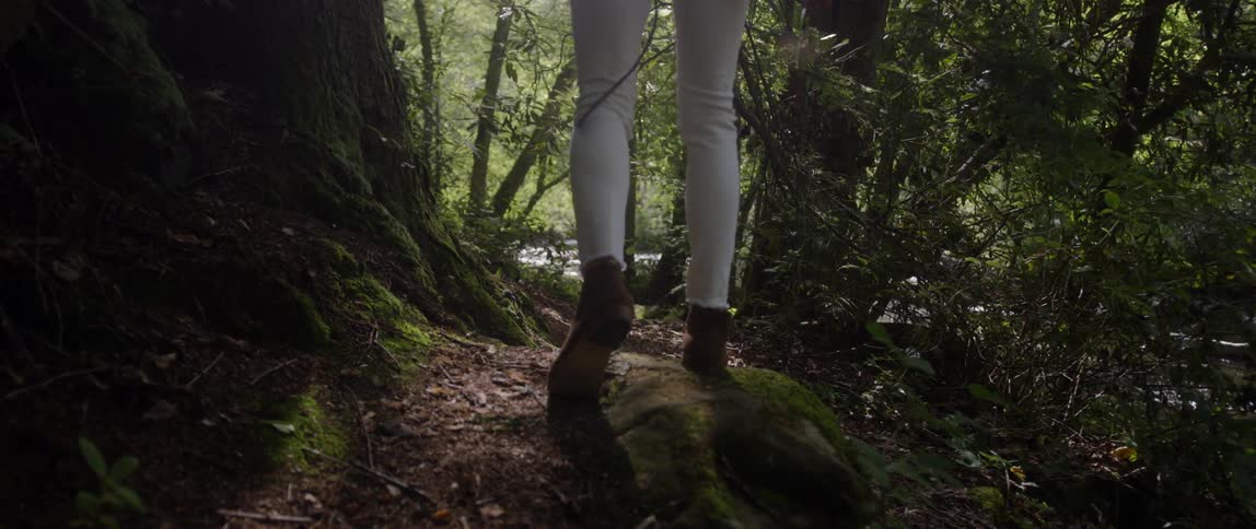 Woman walks through the woods on a sunny day