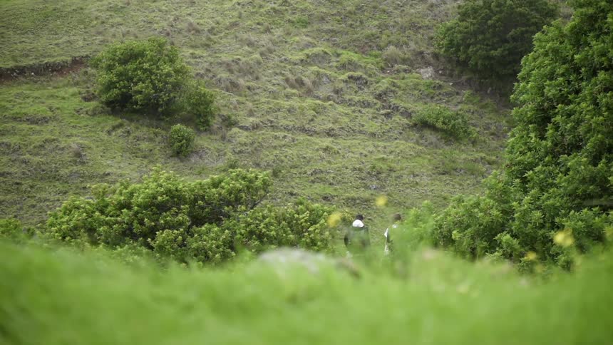 The people are hiking down the grassy hill