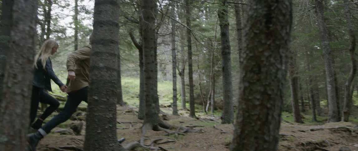 A man and woman hold hands while running in a forest