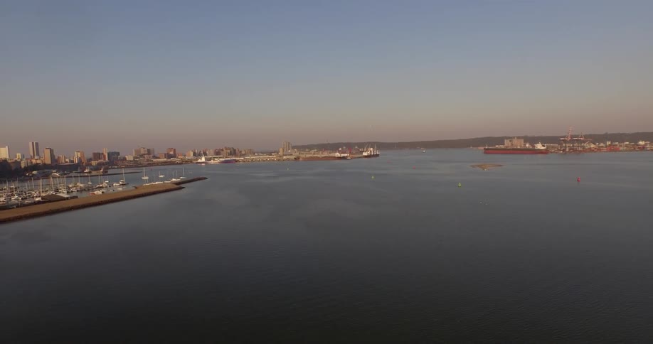 An aerial view of a city port with buildings, ships and a marina