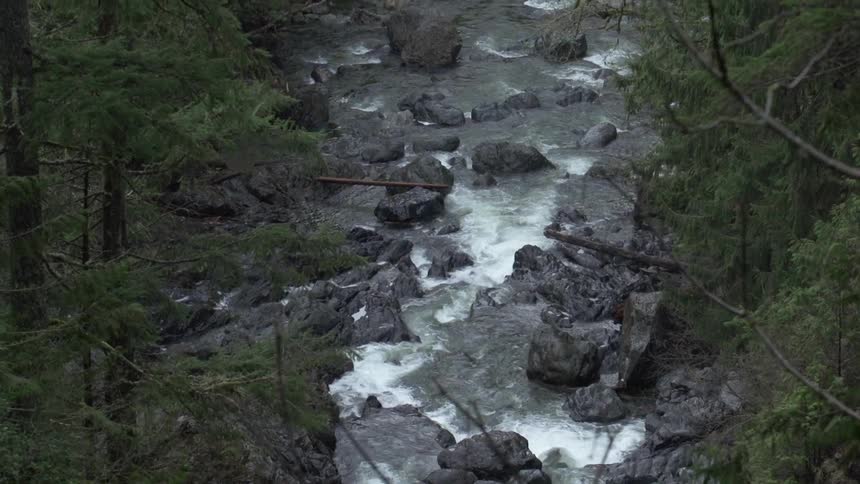 View of a fast moving rapid with many large rocks in the water