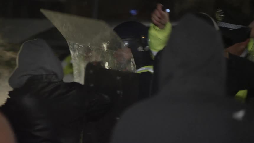 Mob of people try to fight their way past guards