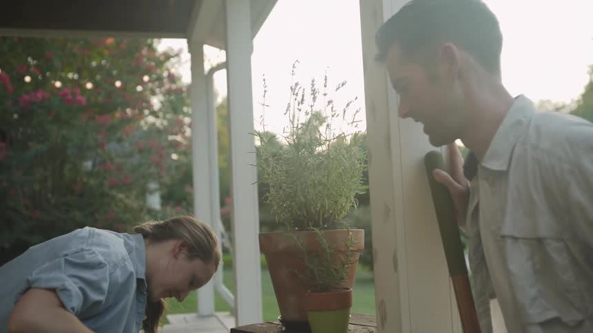 A woman is watering a plant