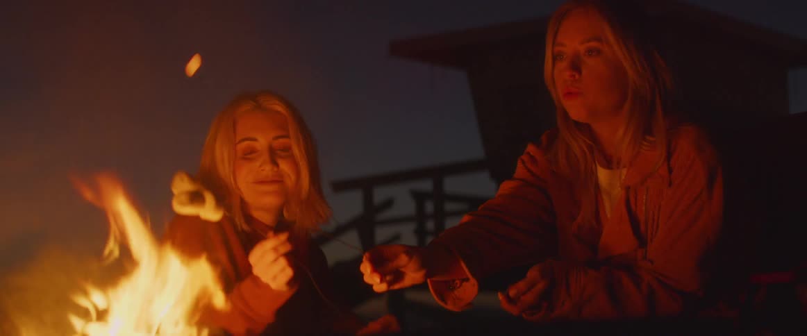 Two women are roasting marshmallows over campfire at night