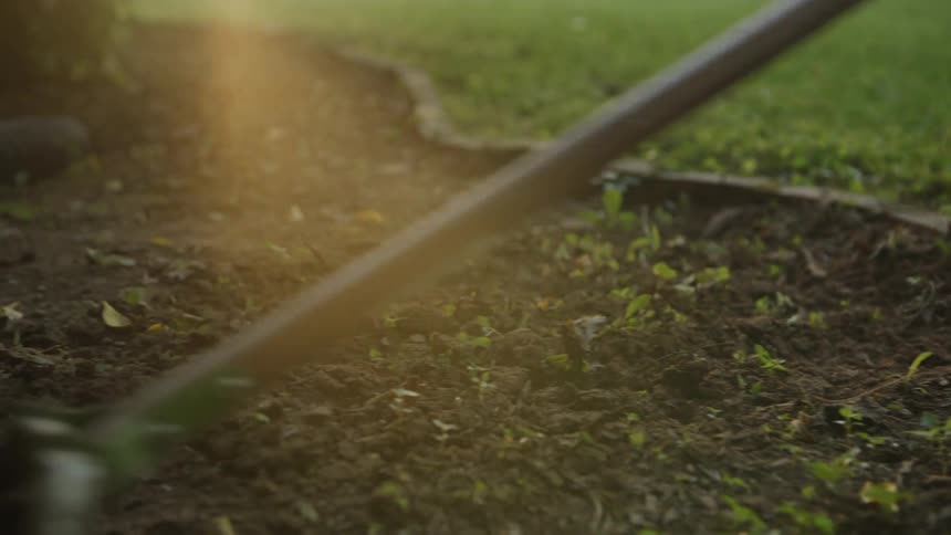 A person rakes the garden in the yard