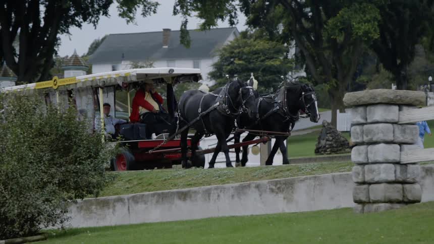 The carriage is being pulled uphill by the horses