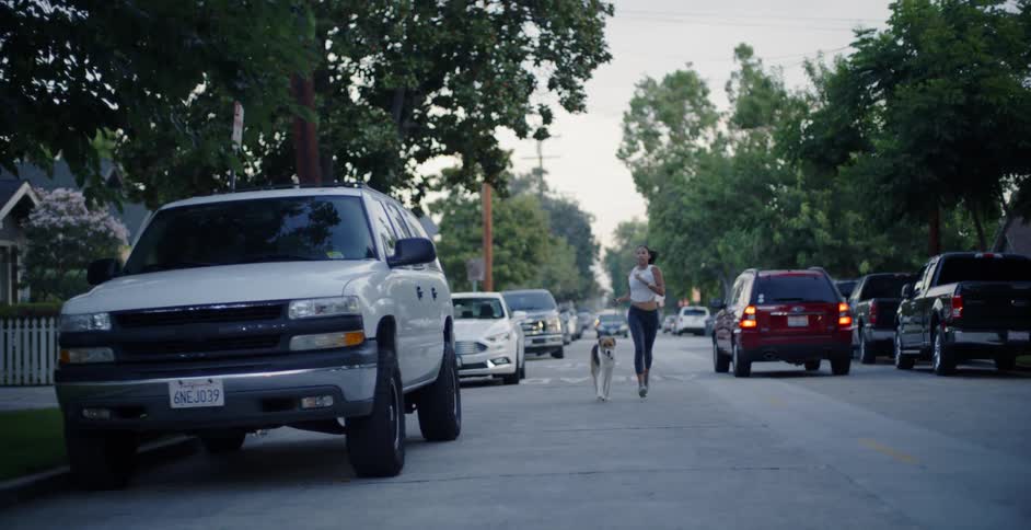 The woman runs past the moving car with her dog