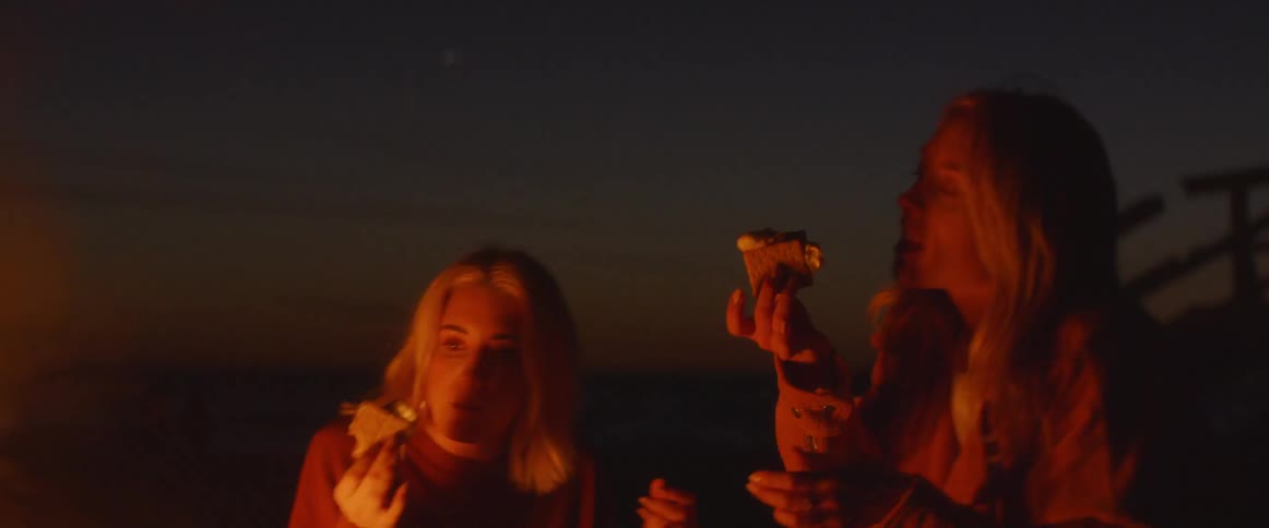 Two blond women eat as they sit under the night sky