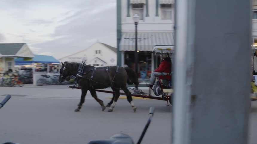 The horses pull the wagon down the block