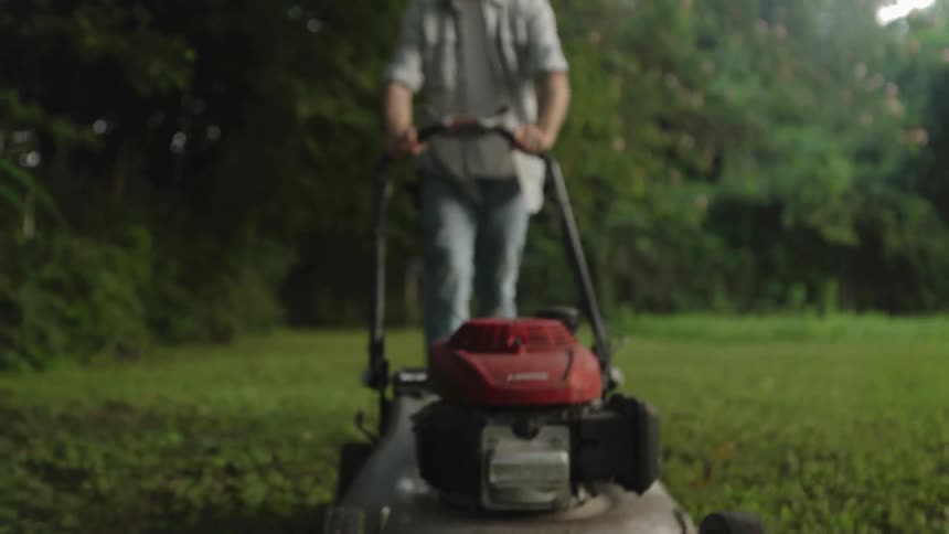 A man mows a lawn with a push lawnmower