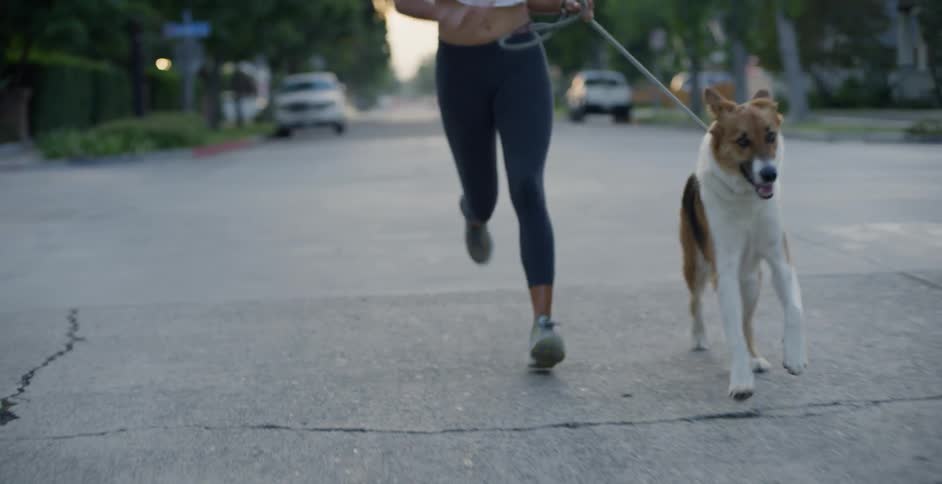 The woman runs with her dog in the street