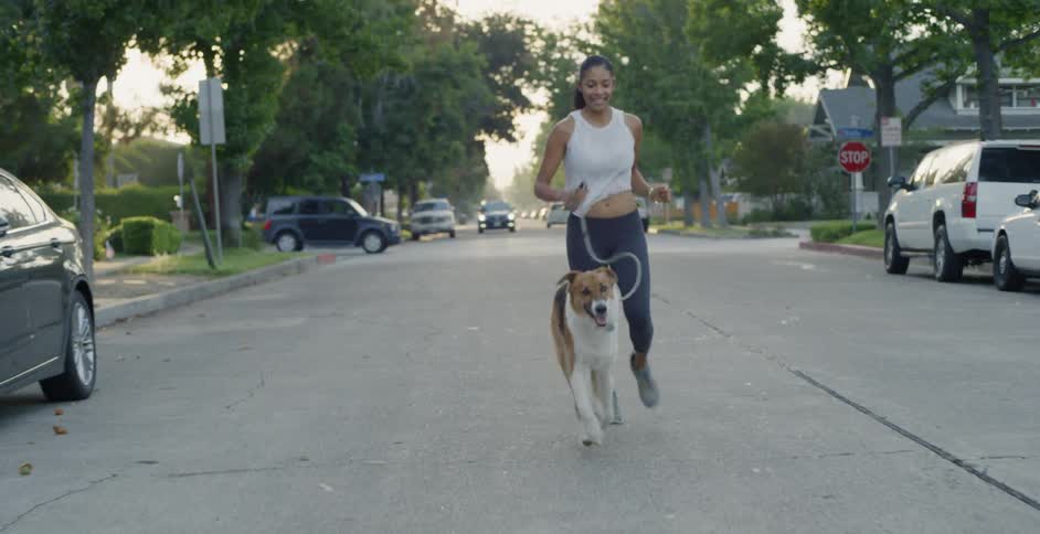 The woman is jogging behind her dog as the car passes behind