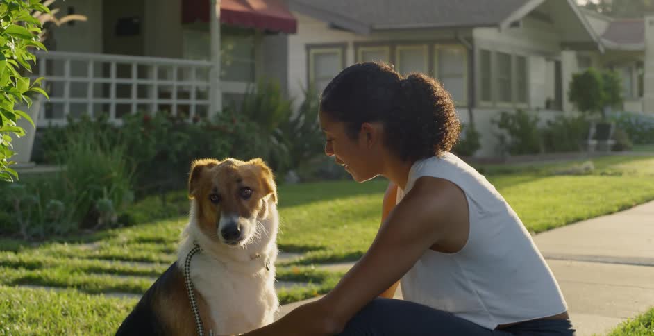 The woman crouches down to pet the dog