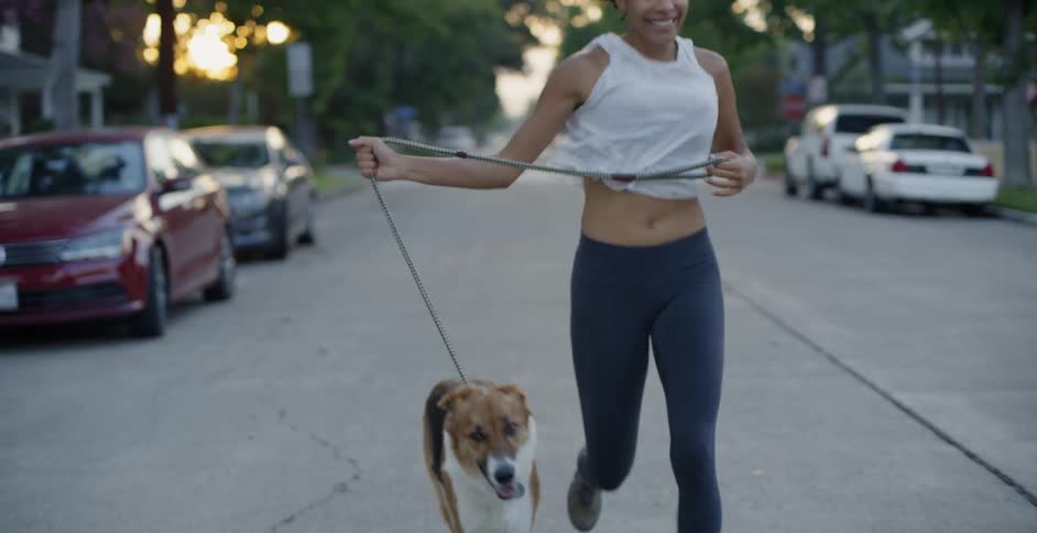 A woman and dog jog in a neighborhood at sunset