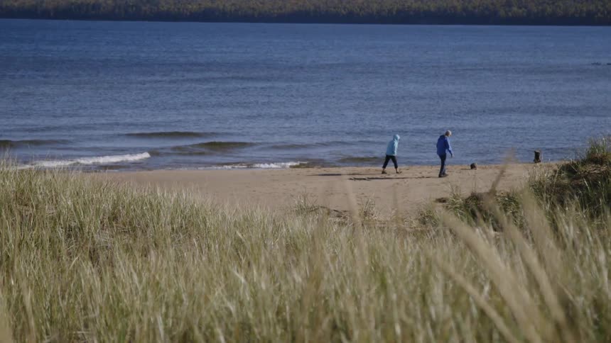 People walk on a sandy beach