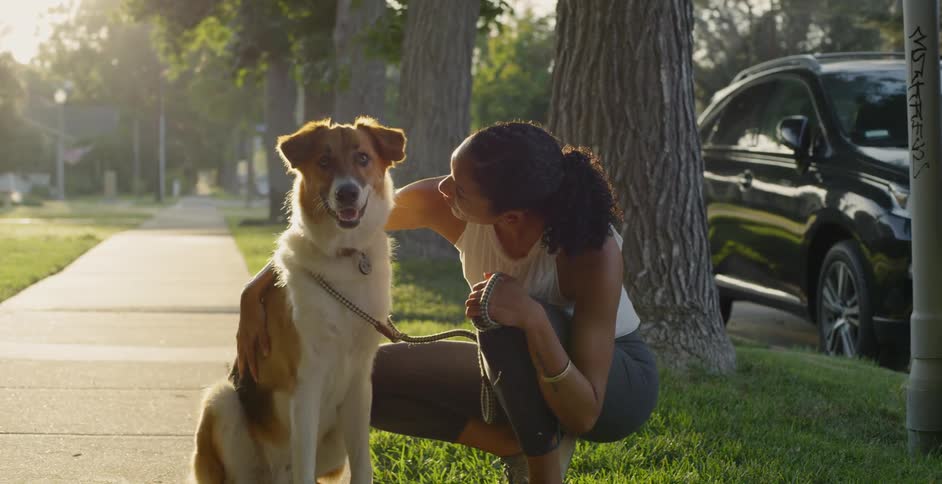 A woman pets a dog while out on a walk