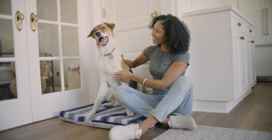 The woman is sitting with her dog petting his chest and back