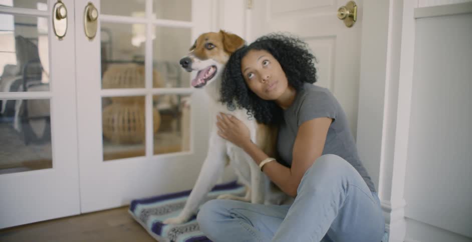 Woman sitting on the floor petting a dog