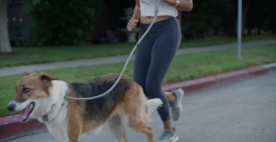 The woman is jogging with a leashed dog