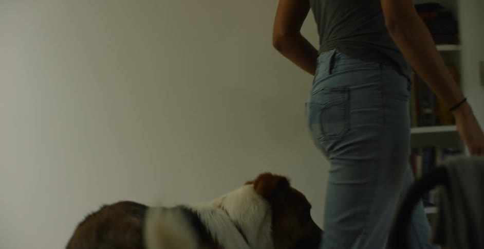 Woman walks past a dog in a house and the dog follows her