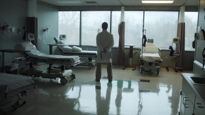 A doctor stands in an empty hospital room