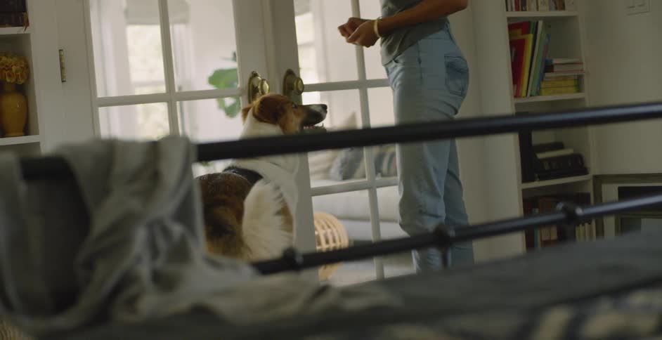 The woman pets the dog near her bed