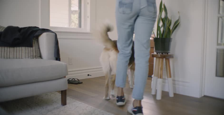 The woman walks with her dog to the front door