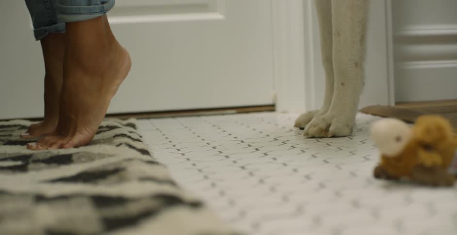 The person stands on her tippy toes with a dog behind