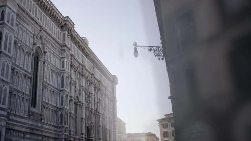 View of two buildings as a pigeon flies between