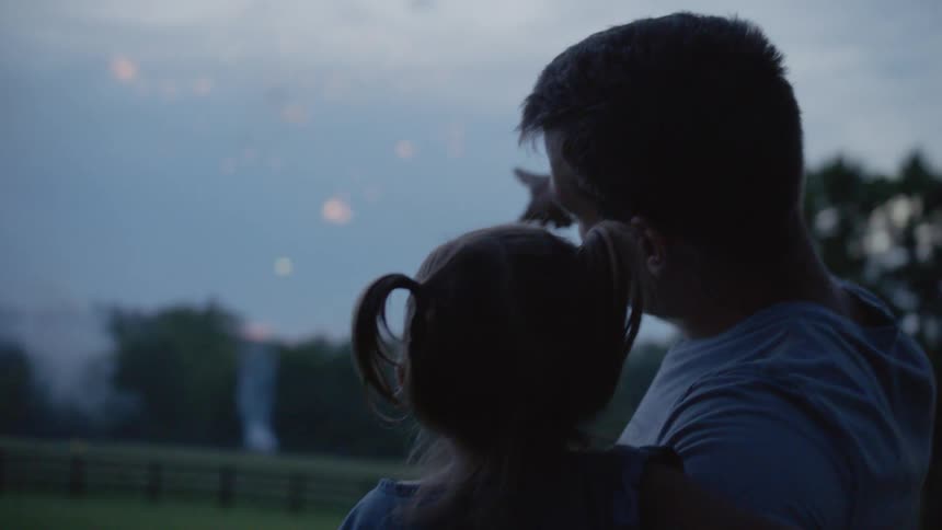 The man holds his child pointing to the fireworks in the sky