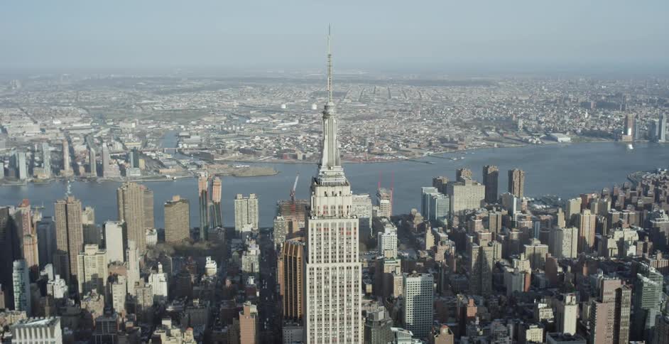 Aerial view of the empire state building and the entire city on a foggy day