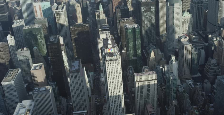 Flying over a city skyline