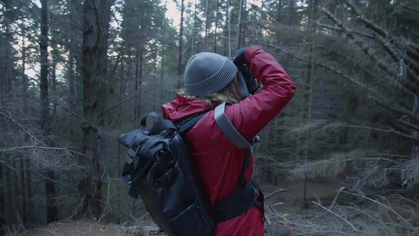 Woman takes pictures with a large camera in the woods