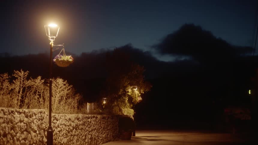 Street lamp stands illuminated in the dark night