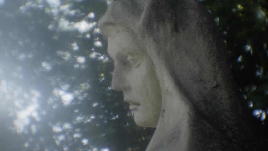 Sunlight is beaming through trees onto a statue of a woman during the day