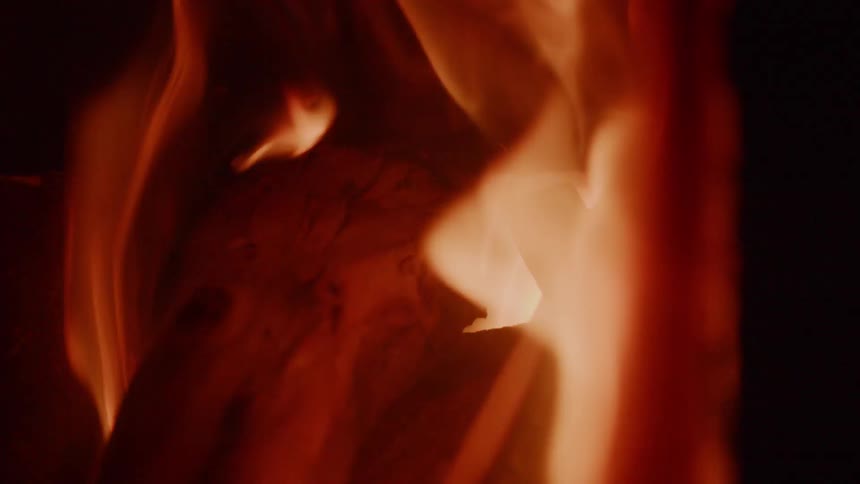 Flames are burning a piece of wood in a fire at night