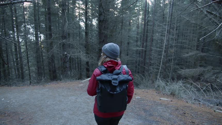 Woman wearing a backpack walks through the woods