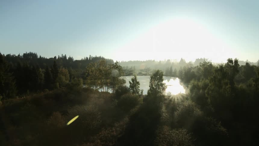 flying over foggy pond
