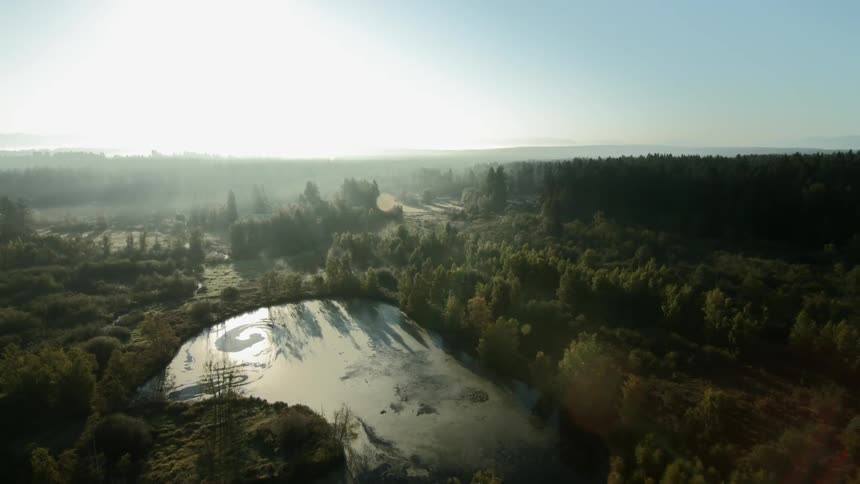 A wide shot of a lake