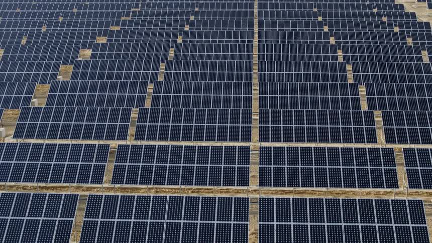 A large solar panel field on a bright day