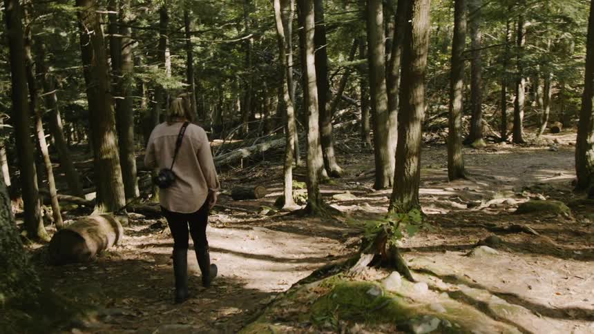 Woman walking through a forest with her camera hanging off her shoulder