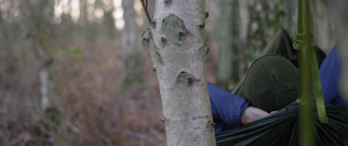Man relaxes in a hammock enjoying the peaceful forest