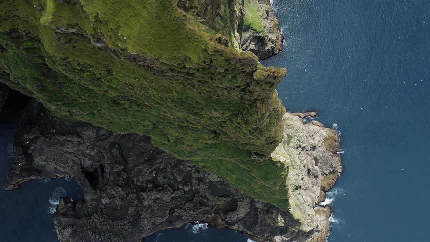 Some birds that are flying around above a mountain next to the sea