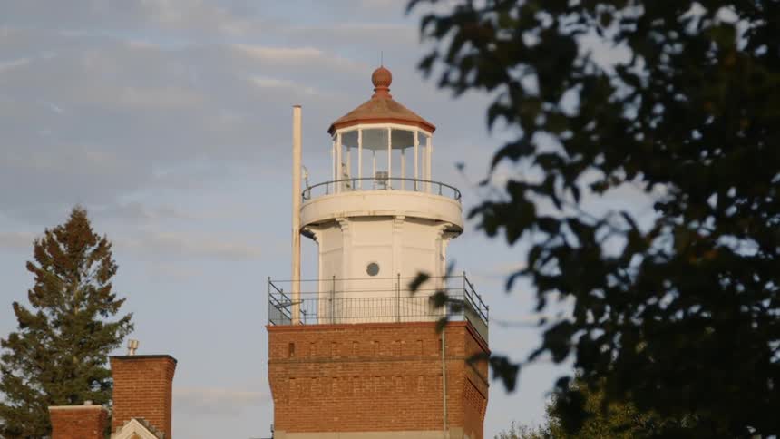 A lighthouse stands tall behind a tree blowing in the breeze