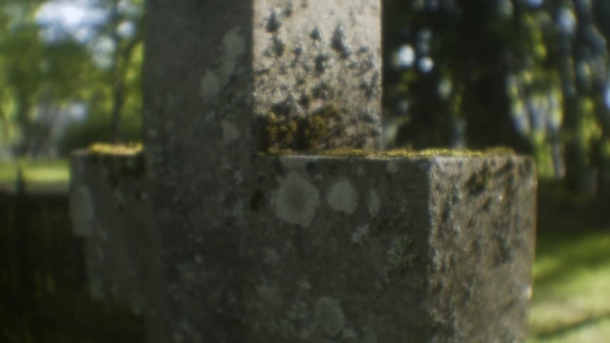 An old tombstone that is covered moss in a forest