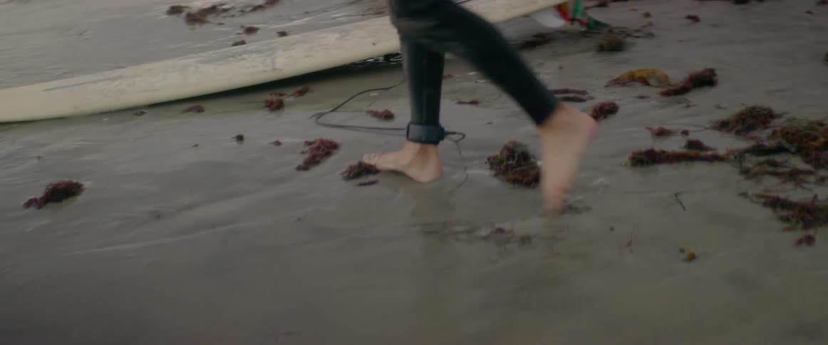 Several people wearing wet suits carrying surfboards on a beach