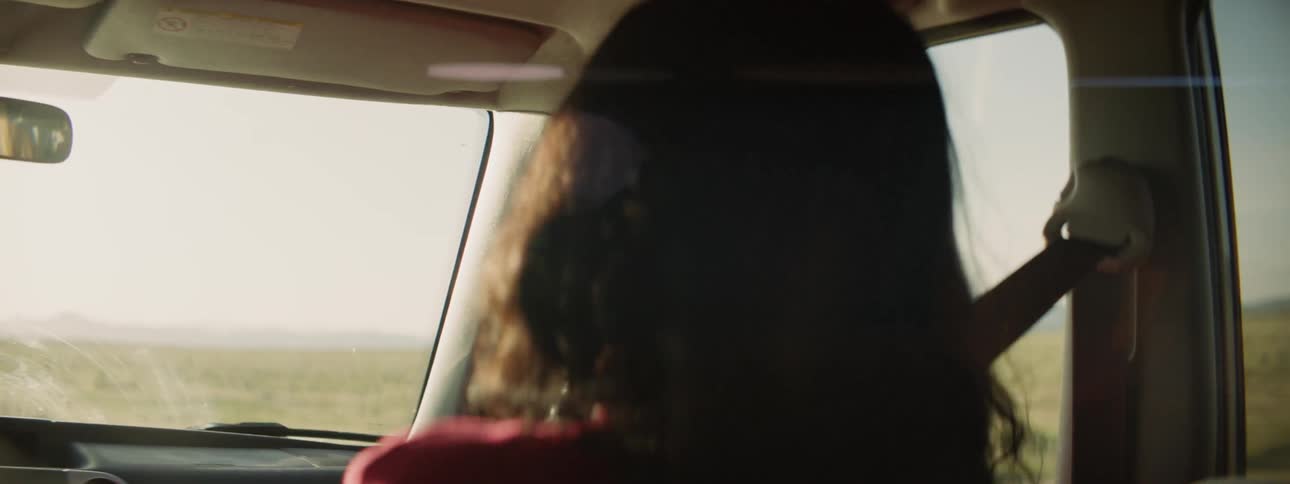 A woman dances in the passenger seat of a car